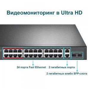 TL-SL1226P                 24-портовый неуправляемый 10/100 Мбит/с PoE+ коммутатор с 2 гигабитными портами